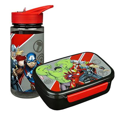 Rot-schwarze Jausenbox und Trinkflasche im Avengers-Design