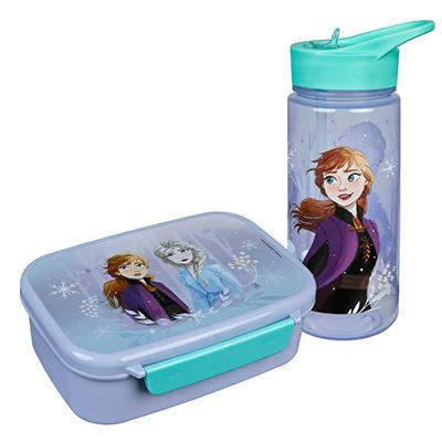 Hellblaue Jausenbox und Trinkflasche im Disney Frozen-Design