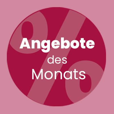 Angebote des Monats – weißer Schriftzug vor großem Prozentzeichen in rotem Kreis auf rosa Hintergrund