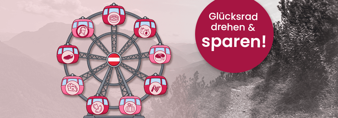 Glücksrad drehen und sparen – stilisiertes Riesenrad mit verschiedenen Symbolen vor Berglandschaft