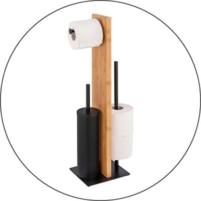Toilettenpapierhalter aus Holz mit schwarzem Ständer für Ersatzrollen und Bürstenhalter