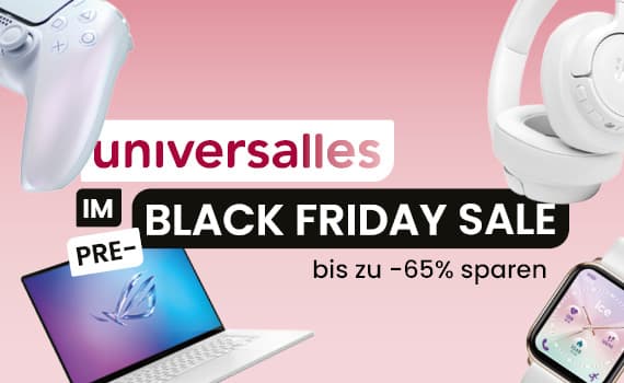 Im Pre-Black Friday Sale bis zu -65 % sparen – Spielcontroller, Laptop, Kopfhörer und Smartwatch vor rosa Hintergrund