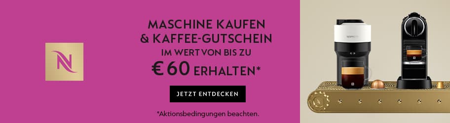 Maschine kaufen & Kaffee-Gutschein bis zu €60 erhalten – zwei Kaffeemaschinen auf goldener Oberfläche, Nespresso-Logo links