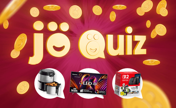 jö Quiz – Luftfritteuse, LED 4K Fernseher und Nintendo Switch Konsole vor rotem Hintergrund mit goldenen Münzen