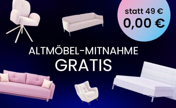 statt 49 € 0,00 € – ALTMÖBEL-MITNAHME GRATIS – Verschiedene Möbelstücke wie Sessel, Sofas und Bett auf dunklem Hintergrund