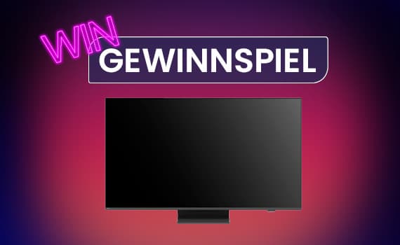 Gewinnspiel – schwarzer Fernseher auf rot-blauem Hintergrund mit neonpinkem "WIN"-Schriftzug
