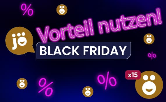 Vorteil nutzen! BLACK FRIDAY – Prozentzeichen und lächelnde Gesichter auf blauem Hintergrund