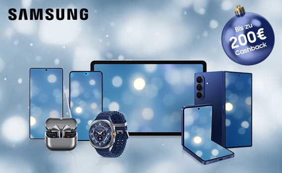 Bis zu 200€ Cashback – Samsung Smartphones, Tablet, Smartwatch und kabellose Ohrhörer vor blauem Hintergrund