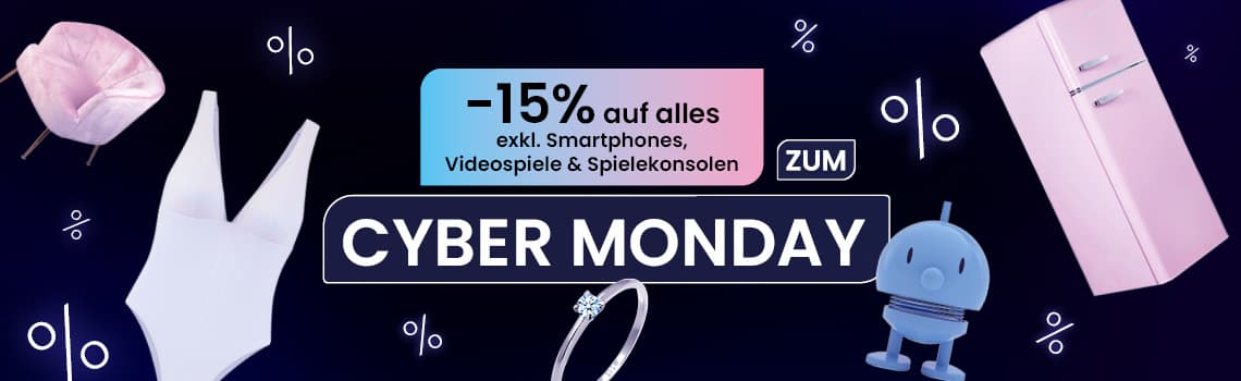 -15% auf alles exkl. Smartphones, Videospiele & Spielkonsolen – Cyber Monday Werbung mit rosa Sessel, Kühlschrank und weißen Badeanzug