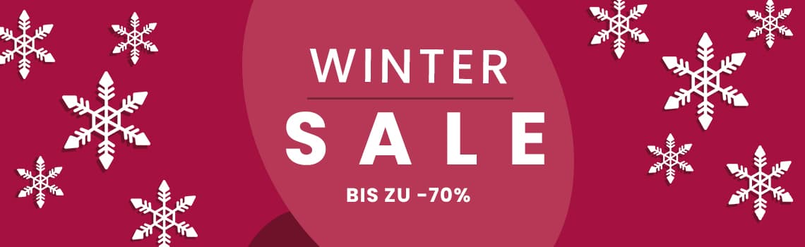 Winter Sale bis zu -70 % – Rote Hintergrund mit weißen Schneeflocken