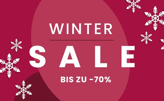 Winter SALE bis zu -70% – roter Hintergrund mit weißen Schneeflocken