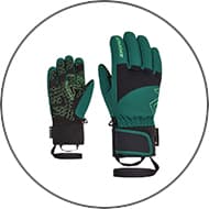 Grüne Handschuhe mit schwarzem Muster und verstellbaren Handgelenkriemen, Vorder- und Rückansicht.