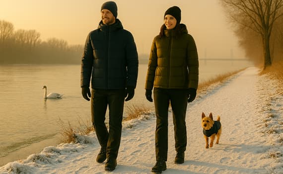 Zwei Personen und ein kleiner Hund spazieren im Schnee entlang eines Flusses, im Hintergrund schwimmt ein Schwan.
