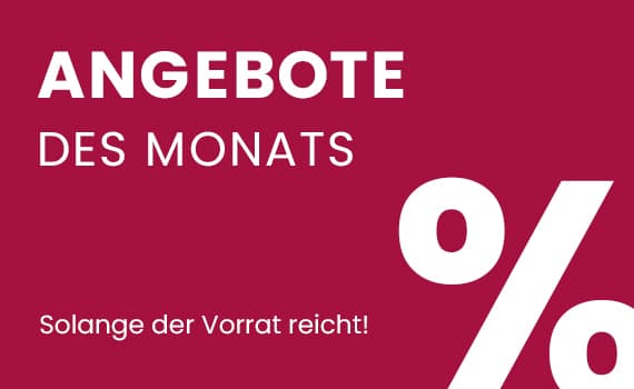Angebote des Monats – Solange der Vorrat reicht! Prozentzeichen auf rotem Hintergrund.