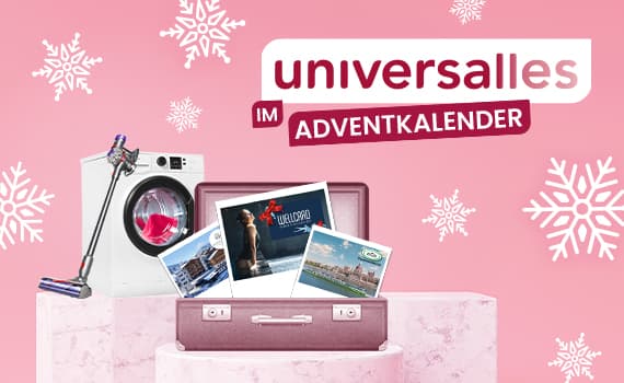 universalles im Adventkalender – Waschmaschine, Staubsauger, Koffer und Urlaubsfotos vor rosa Hintergrund mit Schneeflocken