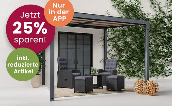Jetzt 25 % sparen – inkl. reduzierte Artikel – Nur in der APP – Gartenmöbel-Set unter Pergola vor Fenster und grünem Busch