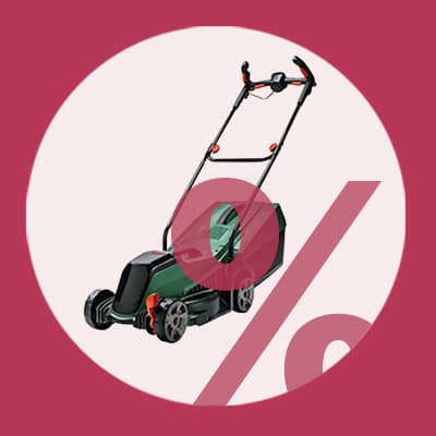 Rabatt – grüner Rasenmäher mit schwarzen Rädern und rotem Griff auf rotem Hintergrund