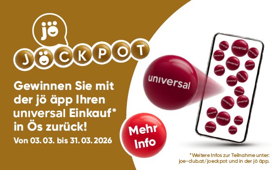 Gewinnen Sie mit der jö app Ihren universal Einkauf in Ös zurück! Von 03.03. bis 31.03.2026. Smartphone mit roten Bällen.