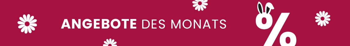 ANGEBOTE DES MONATS – Solange der Vorrat reicht! Text auf rotem Hintergrund mit weißen Prozentzeichen