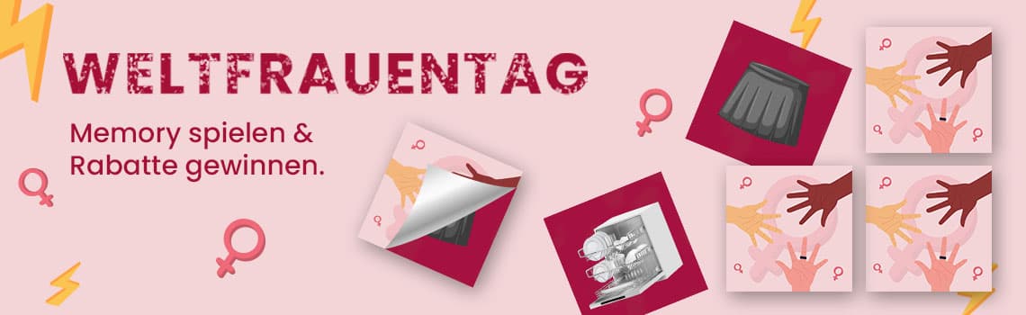 Weltfrauentag – Memory spielen & Rabatte gewinnen. Hände, ein Rock und Geschirrspüler auf Memory-Karten.