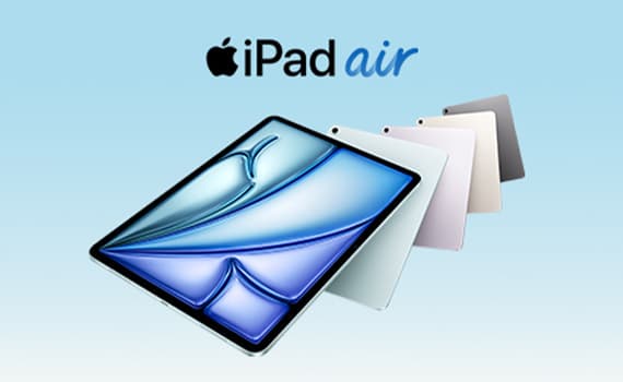 iPad air – Fünf iPads in verschiedenen Farben vor blauem Hintergrund
