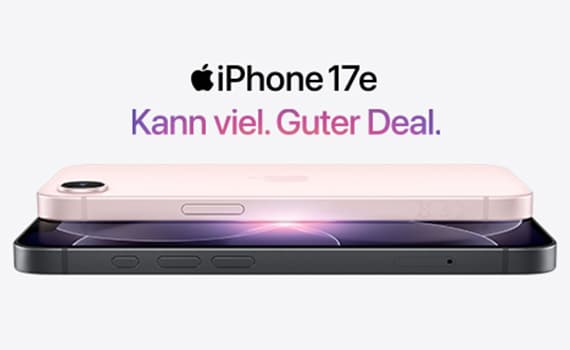 iPhone 17e – Kann viel. Guter Deal. Zwei iPhones übereinander, eines schwarz, eines rosa.