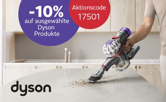 -10 % auf ausgewählte Dyson Produkte – Aktionscode 17501 – Person reinigt Tisch mit Dyson-Handstaubsauger