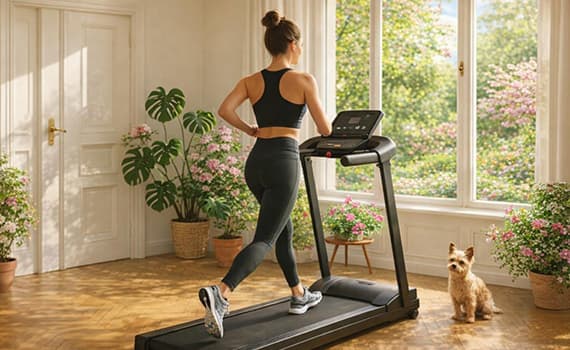 Frau joggt auf Laufband in hellem Raum, Hund sitzt daneben, Pflanzen und große Fenster im Hintergrund
