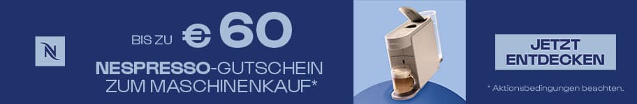 Bis zu 60 € Nespresso-Gutschein zum Maschinenkauf – Nespresso-Maschine mit Kaffeetasse und Button „Jetzt entdecken“