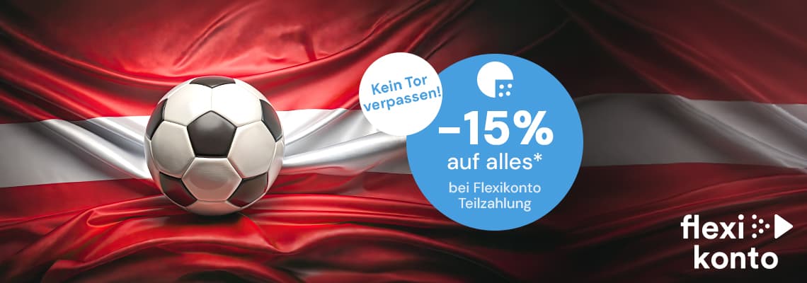 -15 % auf alles bei Flexikonto Teilzahlung – Fußball vor wehender rot-weiß-roter Flagge
