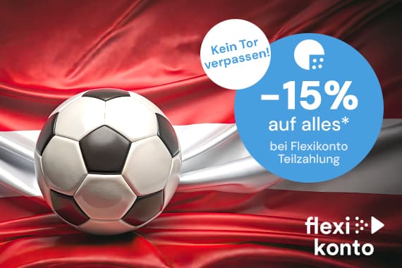 -15 % auf alles bei Flexikonto Teilzahlung – Fußball auf rot-weißer Fahne, daneben blaue Rabattblase mit „Kein Tor verpassen!“