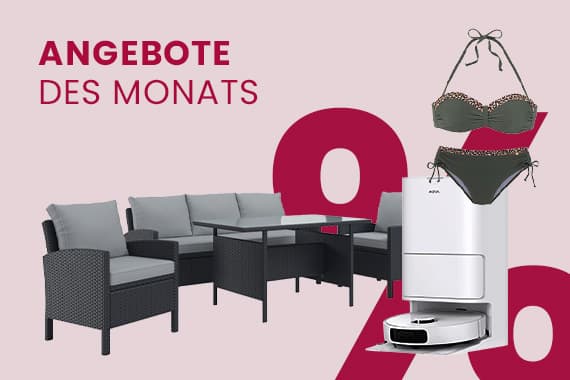 Angebote des Monats – Gartensitzgruppe, Saugroboter mit Station und Bikini vor großem Prozentzeichen