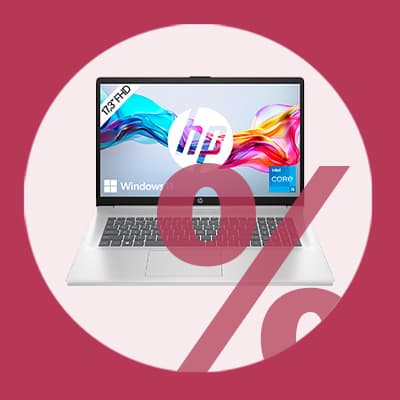 Prozentsymbol vor silbernem HP Laptop mit geöffnetem Display auf farbigem Hintergrund