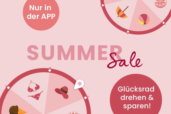 Glücksrad drehen und sparen – Summer Sale, nur in der App, rosa Grafik mit mehreren Glücksrädern