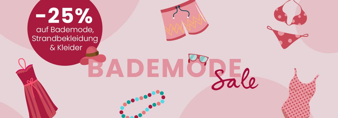 -25 % auf Bademode, Strandbekleidung und Kleider – Grafik mit Kleid, Bikini, Badeanzug, Shorts, Sonnenhut, Kette und Brille