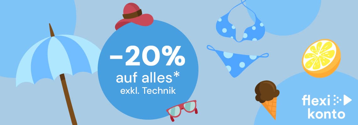 -20 % auf alles, exkl. Technik – sommerliche Grafik mit Sonnenschirm, Bikini, Eis, Zitrone und flexi-konto Logo