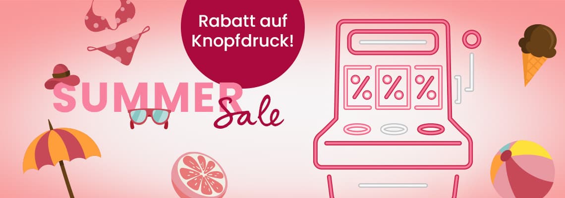 Rabatt auf Knopfdruck – Summer Sale mit Spielautomat und sommerlichen Symbolen wie Eis, Strandball und Sonnenschirm